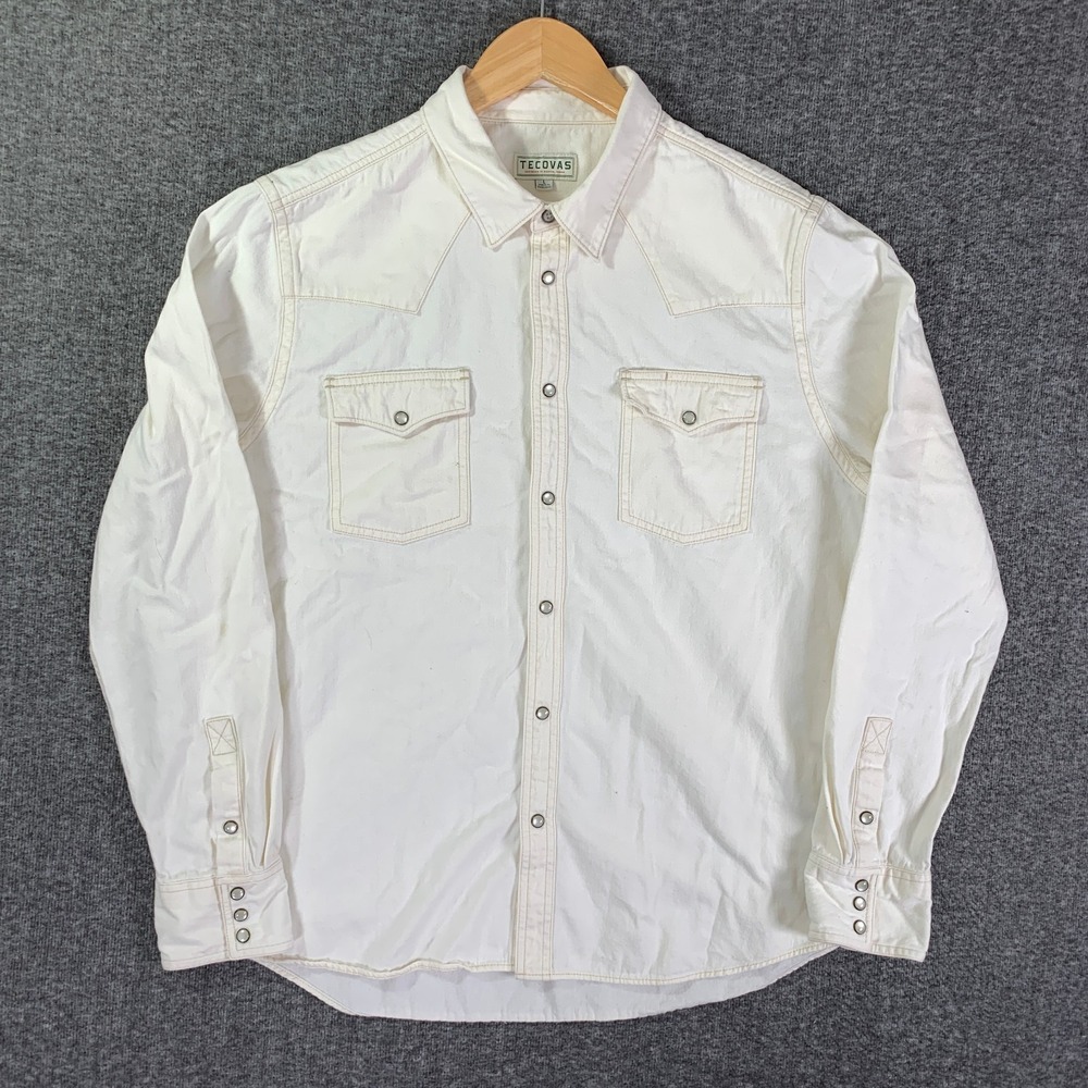 Tecovas Pearl Snap Shirt Men Large Cream Western Yoke Gaucho Cowboy Ranch